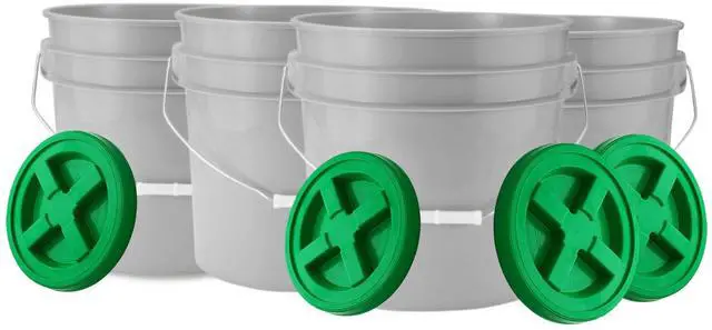 Main image of 3.5 Gallon Food Grade Grey Bucket Pail with Green Screw on Air-Tight Lid (Pack of 4) BPA Free containers -Made in USA