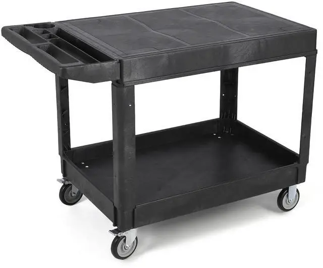 Main image of Large Heavy Duty Plastic Utility Service Cart Flat top 45.8 x 25 Inch, Work Cart Flat Shelves Holds up to 550 lbs - 2 Tier Service Cart with 360°Swivel Wheels (2 with Brakes) Black