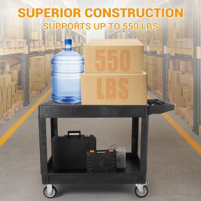 Alt view image 2 of 6 - Large Heavy Duty Plastic Utility Service Cart Flat top 45.8 x 25 Inch, Work Cart Flat Shelves Holds up to 550 lbs - 2 Tier Service Cart with 360°Swivel Wheels (2 with Brakes) Black