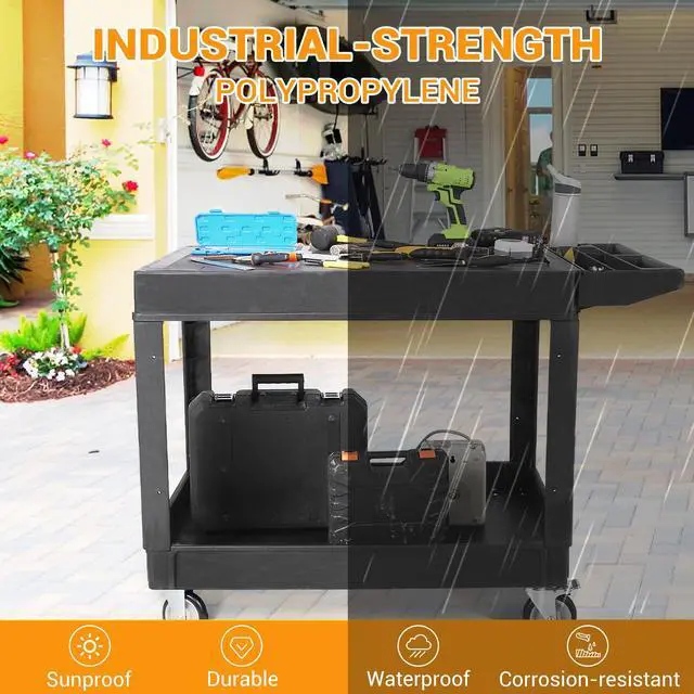 Alt view image 3 of 6 - Large Heavy Duty Plastic Utility Service Cart Flat top 45.8 x 25 Inch, Work Cart Flat Shelves Holds up to 550 lbs - 2 Tier Service Cart with 360°Swivel Wheels (2 with Brakes) Black
