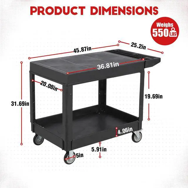 Alt view image 4 of 6 - Large Heavy Duty Plastic Utility Service Cart Flat top 45.8 x 25 Inch, Work Cart Flat Shelves Holds up to 550 lbs - 2 Tier Service Cart with 360°Swivel Wheels (2 with Brakes) Black
