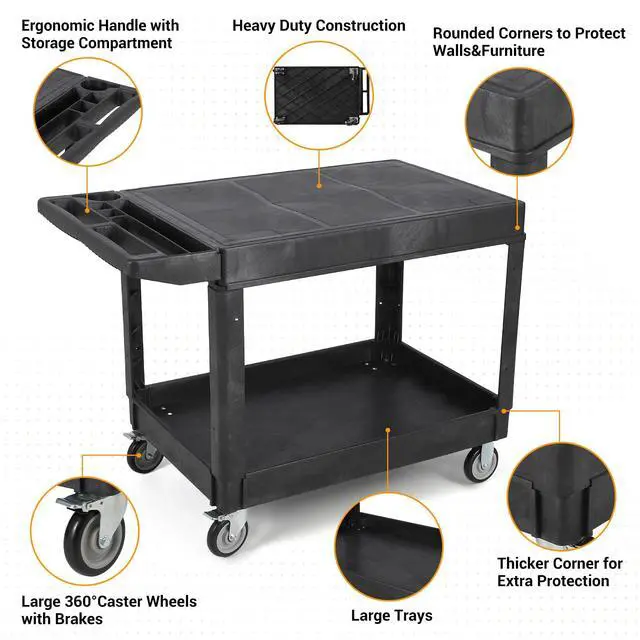 Alt view image 5 of 6 - Large Heavy Duty Plastic Utility Service Cart Flat top 45.8 x 25 Inch, Work Cart Flat Shelves Holds up to 550 lbs - 2 Tier Service Cart with 360°Swivel Wheels (2 with Brakes) Black