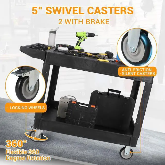 Alt view image 6 of 6 - Large Heavy Duty Plastic Utility Service Cart Flat top 45.8 x 25 Inch, Work Cart Flat Shelves Holds up to 550 lbs - 2 Tier Service Cart with 360°Swivel Wheels (2 with Brakes) Black