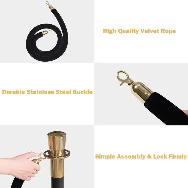 Alt view image 3 of 6 - 6pcs Stanchion Set, Crowd Control Barrier Stainless Steel Stanchion Posts Queue Pole with 5Ft Velvet Rope, Suitable for Theaters, Party, Wedding Exhibition Centers, Ticket Offices (Black)