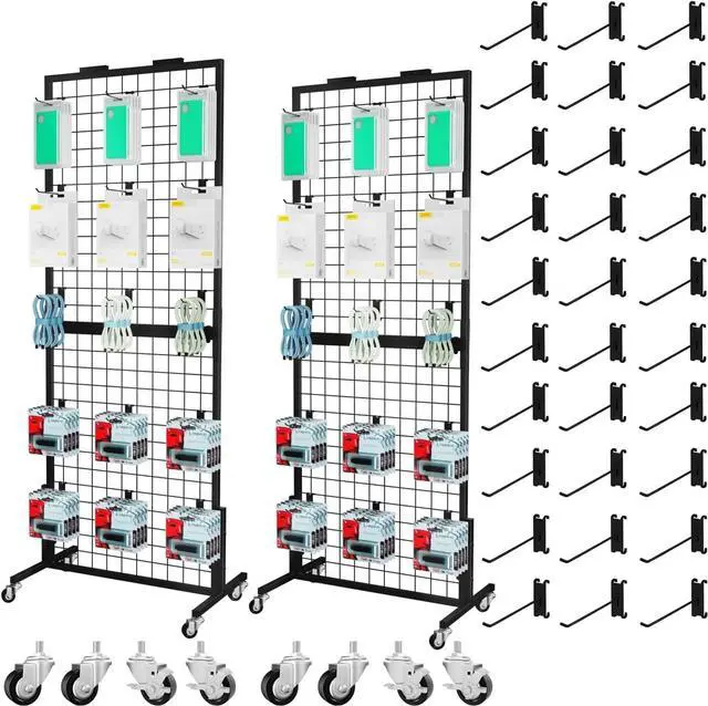 Main image of Grid Wall Panels Display Stand - Metal Shelving with 30 Hooks for Vendor Events Art Panels Heavy Duty Floor Standing Movable Detachable Retail Display Stand Wire Grid Tower for Easy Transport(2pcs)