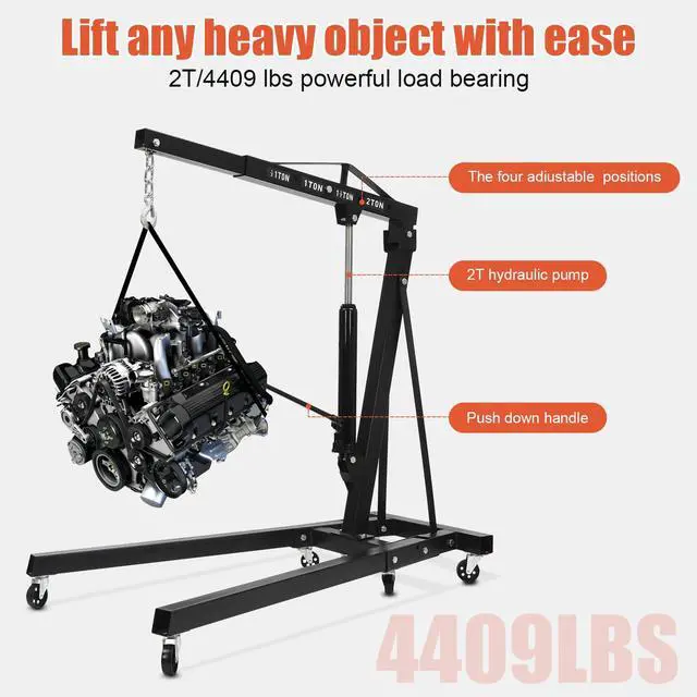 Alt view image 2 of 6 - 2 Ton Engine Hoist, Folding Hydraulic Engine Hoist, Heavy Duty Folding Shop Crane, Cherry Picker Shop Crane Hoist Lift, with 6 Casters, for Workshops, Warehouses(Sent in 2 Packages, 4409lb)