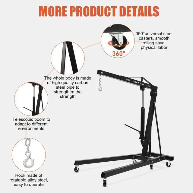 Alt view image 5 of 6 - 2 Ton Engine Hoist, Folding Hydraulic Engine Hoist, Heavy Duty Folding Shop Crane, Cherry Picker Shop Crane Hoist Lift, with 6 Casters, for Workshops, Warehouses(Sent in 2 Packages, 4409lb)