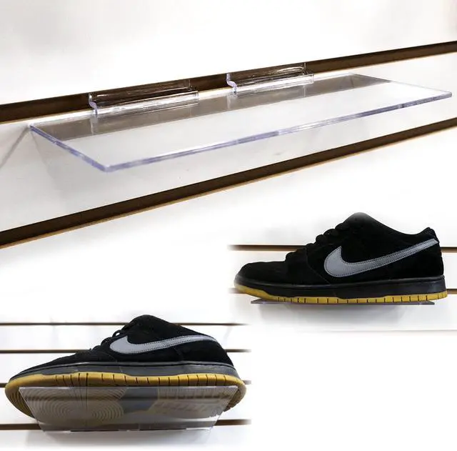 Main image of Clear Acrylic Slatwall Shoe Shelf, 4" D x 10" L Flat Acrylic Shoe Display Shelf, 100 Pack