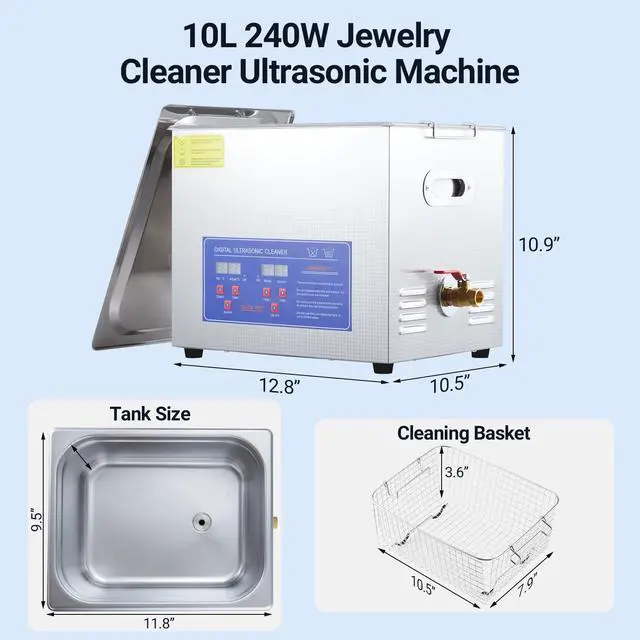 Alt view image 5 of 6 - Commercial Ultrasonic Cleaner, 10 L Professional Ultrasonic Cleaner, 40kHz with Digital Timer&Heater, 240 w Excellent Cleaning Machine for Watch Eyeglasses Rings
