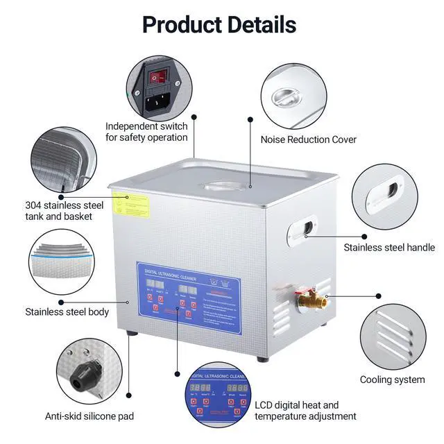 Alt view image 6 of 6 - Commercial Ultrasonic Cleaner, 10 L Professional Ultrasonic Cleaner, 40kHz with Digital Timer&Heater, 240 w Excellent Cleaning Machine for Watch Eyeglasses Rings
