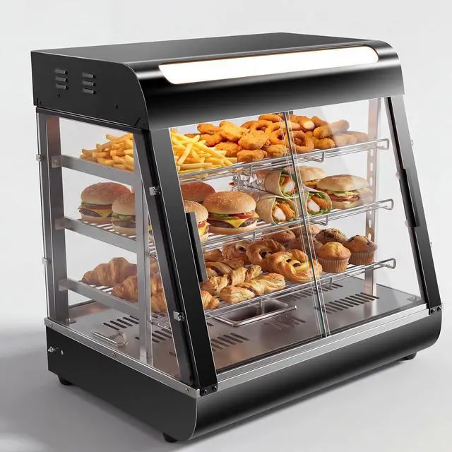 Main image of 26" Commercial Food Warmer Display Case, 3-Tier Electric Countertop Pizza Warmer w/LED Lighting, Adjustable Removable Shelves Glass Door, 1200W for Restaurant Buffet Pretzel Warmer