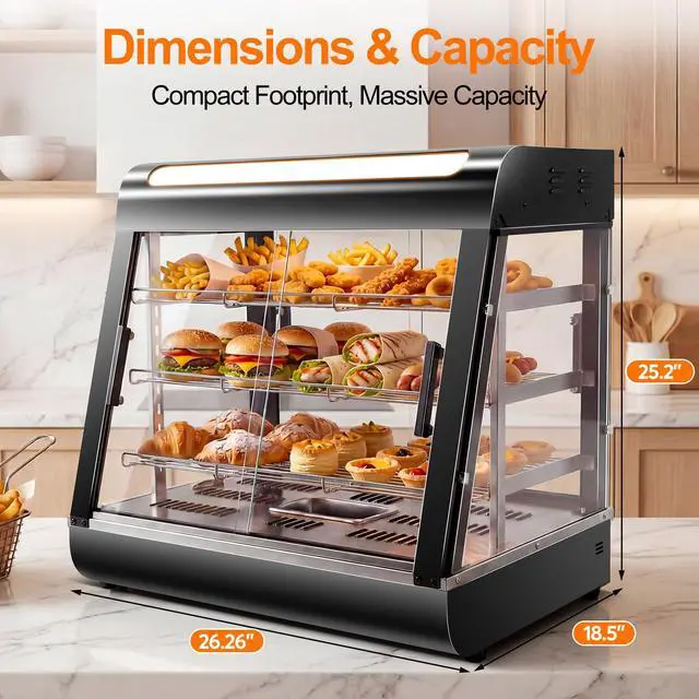 Alt view image 2 of 6 - 26" Commercial Food Warmer Display Case, 3-Tier Electric Countertop Pizza Warmer w/LED Lighting, Adjustable Removable Shelves Glass Door, 1200W for Restaurant Buffet Pretzel Warmer