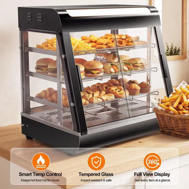 Alt view image 3 of 6 - 26" Commercial Food Warmer Display Case, 3-Tier Electric Countertop Pizza Warmer w/LED Lighting, Adjustable Removable Shelves Glass Door, 1200W for Restaurant Buffet Pretzel Warmer