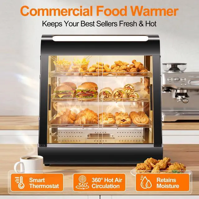 Alt view image 4 of 6 - 26" Commercial Food Warmer Display Case, 3-Tier Electric Countertop Pizza Warmer w/LED Lighting, Adjustable Removable Shelves Glass Door, 1200W for Restaurant Buffet Pretzel Warmer