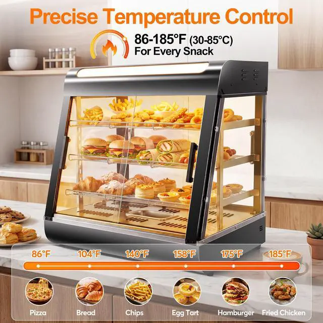 Alt view image 5 of 6 - 26" Commercial Food Warmer Display Case, 3-Tier Electric Countertop Pizza Warmer w/LED Lighting, Adjustable Removable Shelves Glass Door, 1200W for Restaurant Buffet Pretzel Warmer