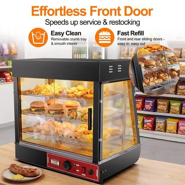 Alt view image 6 of 6 - 26" Commercial Food Warmer Display Case, 3-Tier Electric Countertop Pizza Warmer w/LED Lighting, Adjustable Removable Shelves Glass Door, 1200W for Restaurant Buffet Pretzel Warmer