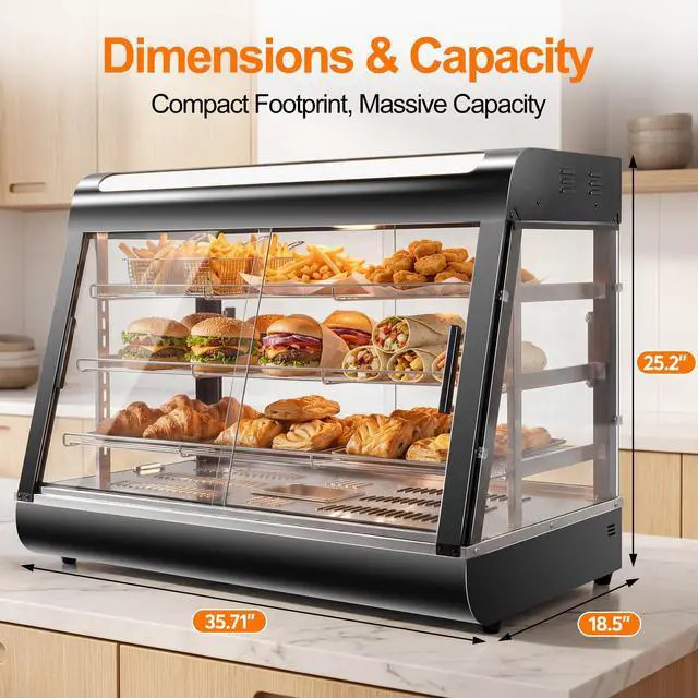 Alt view image 2 of 6 - 35" Commercial Food Warmer Display Case, 3-Tier Electric Countertop Pizza Warmer w/LED Lighting, Adjustable Removable Shelves Glass Door, 1500W for Restaurant Buffet Pretzel Warmer