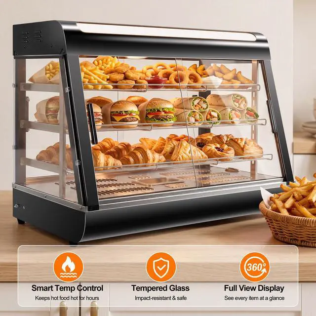 Alt view image 3 of 6 - 35" Commercial Food Warmer Display Case, 3-Tier Electric Countertop Pizza Warmer w/LED Lighting, Adjustable Removable Shelves Glass Door, 1500W for Restaurant Buffet Pretzel Warmer