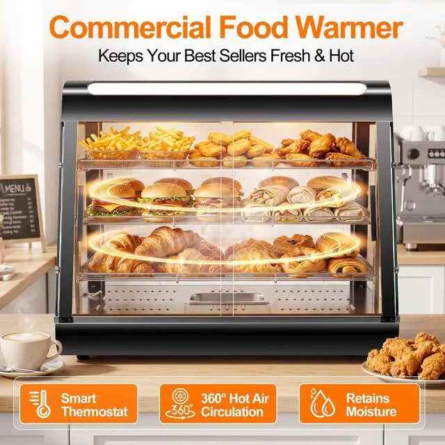 Alt view image 4 of 6 - 35" Commercial Food Warmer Display Case, 3-Tier Electric Countertop Pizza Warmer w/LED Lighting, Adjustable Removable Shelves Glass Door, 1500W for Restaurant Buffet Pretzel Warmer