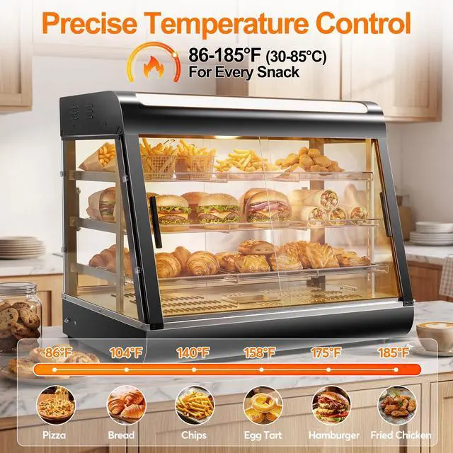 Alt view image 5 of 6 - 35" Commercial Food Warmer Display Case, 3-Tier Electric Countertop Pizza Warmer w/LED Lighting, Adjustable Removable Shelves Glass Door, 1500W for Restaurant Buffet Pretzel Warmer