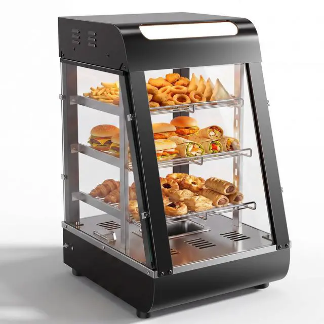 Main image of 15" Commercial Food Warmer Display Case, 3-Tier Electric Countertop Pizza Warmer w/LED Lighting, Adjustable Removable Shelves Glass Door, 1000W for Restaurant Buffet Pretzel Warmer