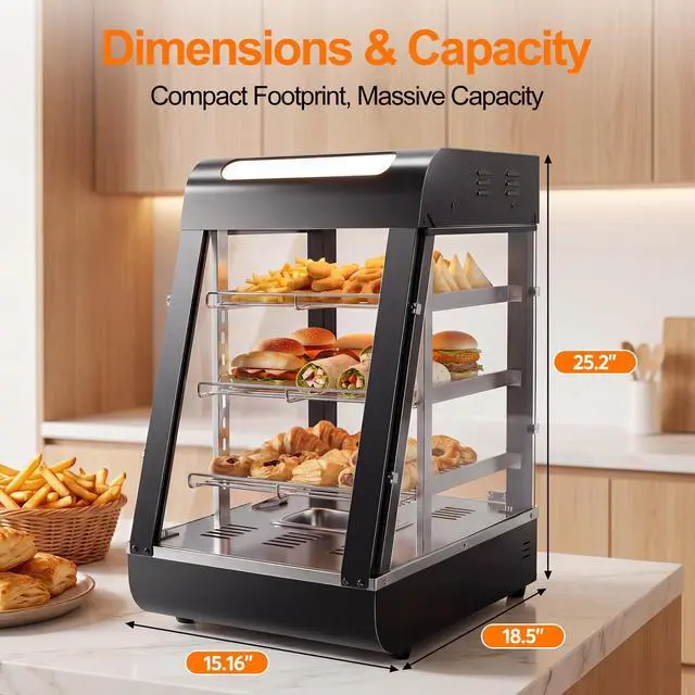 Alt view image 2 of 6 - 15" Commercial Food Warmer Display Case, 3-Tier Electric Countertop Pizza Warmer w/LED Lighting, Adjustable Removable Shelves Glass Door, 1000W for Restaurant Buffet Pretzel Warmer