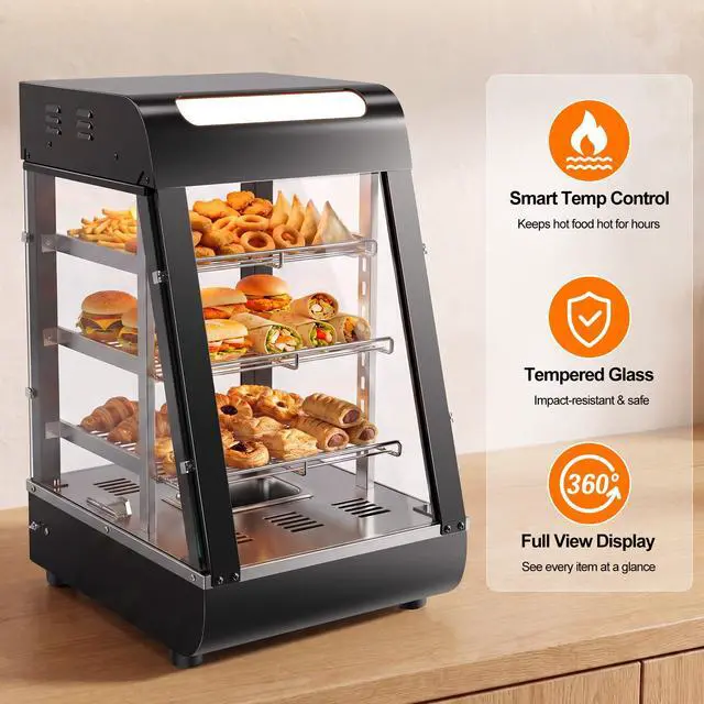 Alt view image 3 of 6 - 15" Commercial Food Warmer Display Case, 3-Tier Electric Countertop Pizza Warmer w/LED Lighting, Adjustable Removable Shelves Glass Door, 1000W for Restaurant Buffet Pretzel Warmer