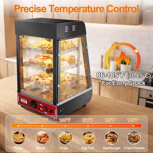 Alt view image 5 of 6 - 15" Commercial Food Warmer Display Case, 3-Tier Electric Countertop Pizza Warmer w/LED Lighting, Adjustable Removable Shelves Glass Door, 1000W for Restaurant Buffet Pretzel Warmer