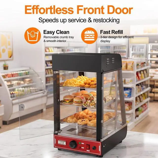 Alt view image 6 of 6 - 15" Commercial Food Warmer Display Case, 3-Tier Electric Countertop Pizza Warmer w/LED Lighting, Adjustable Removable Shelves Glass Door, 1000W for Restaurant Buffet Pretzel Warmer