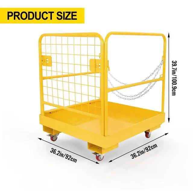 Alt view image 2 of 6 - Forklift Safety Cage Aerial Rails 36"x36" inch Work Platform with 4 Universal Wheels Fold Down Lift Basket 1150 lbs Capacity Heavy-Duty Steel Yellow