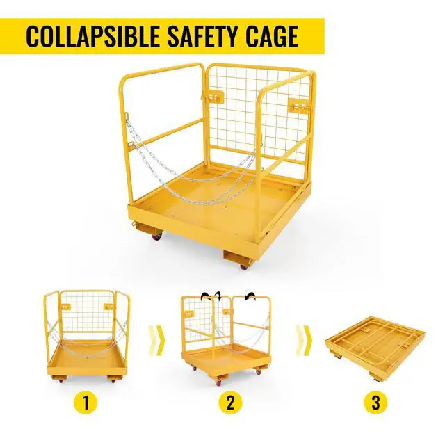 Alt view image 3 of 6 - Forklift Safety Cage Aerial Rails 36"x36" inch Work Platform with 4 Universal Wheels Fold Down Lift Basket 1150 lbs Capacity Heavy-Duty Steel Yellow