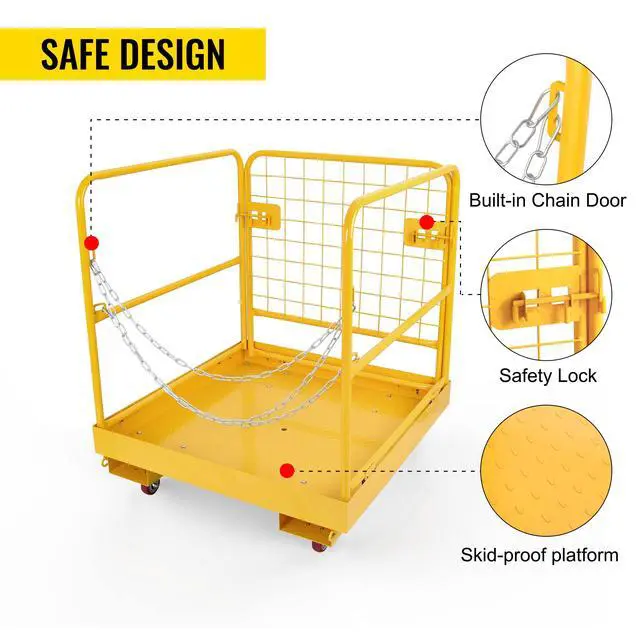 Alt view image 4 of 6 - Forklift Safety Cage Aerial Rails 36"x36" inch Work Platform with 4 Universal Wheels Fold Down Lift Basket 1150 lbs Capacity Heavy-Duty Steel Yellow