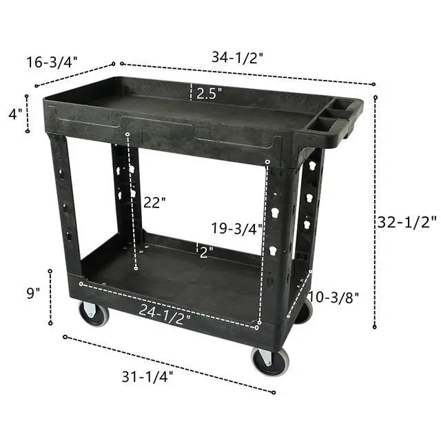 Alt view image 3 of 6 - 550lb Capacity Heavy Duty Plastic Utility Cart 34-1/2" L x 16-3/4" W with Handle 2 Shelves