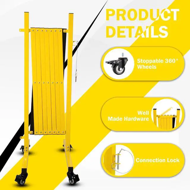 Alt view image 2 of 6 - 11FT Traffic Barricade with Casters, Metal Expandable Barricade, Folding Security Gate, Retractable Fence Outdoor Barricade Fence for Construction Area, Traffic Control, Yellow