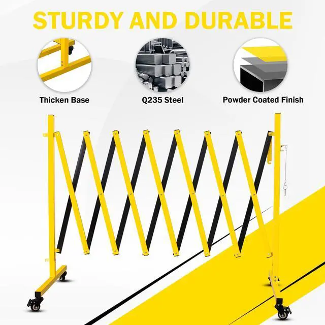 Alt view image 3 of 6 - 11FT Traffic Barricade with Casters, Metal Expandable Barricade, Folding Security Gate, Retractable Fence Outdoor Barricade Fence for Construction Area, Traffic Control, Yellow