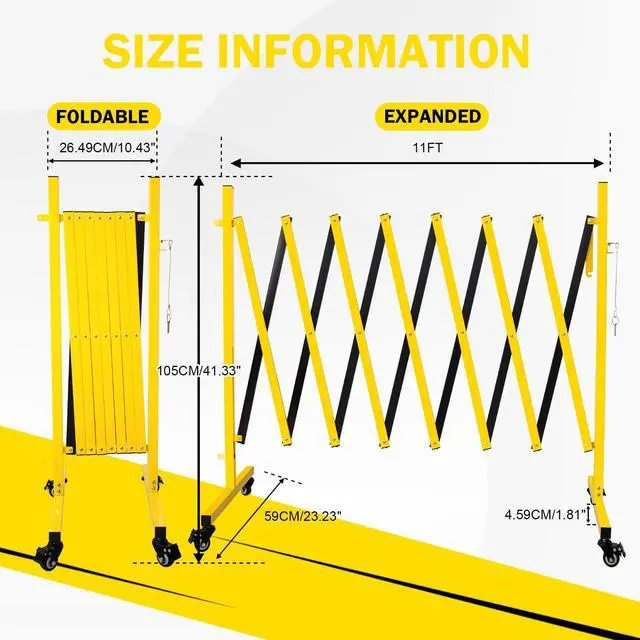 Alt view image 4 of 6 - 11FT Traffic Barricade with Casters, Metal Expandable Barricade, Folding Security Gate, Retractable Fence Outdoor Barricade Fence for Construction Area, Traffic Control, Yellow