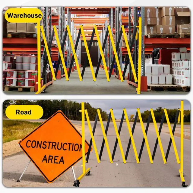 Alt view image 5 of 6 - 11FT Traffic Barricade with Casters, Metal Expandable Barricade, Folding Security Gate, Retractable Fence Outdoor Barricade Fence for Construction Area, Traffic Control, Yellow