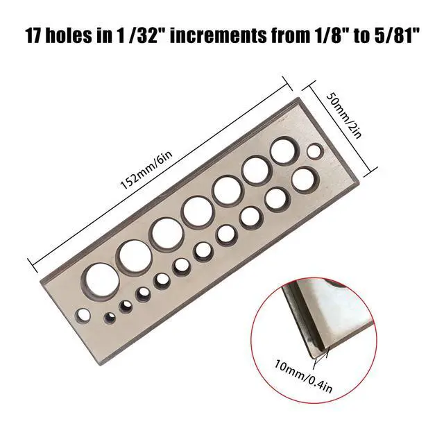 Alt view image 2 of 6 - A2 Steel Dowel Plate, Steel Dowel Plate 17 Holes Dowel Maker Steel Plate with Holes from 1/8 Inch to 5/8 Inch for Woodworking, High Speed Steel Dowel Plate 17 Holes English System