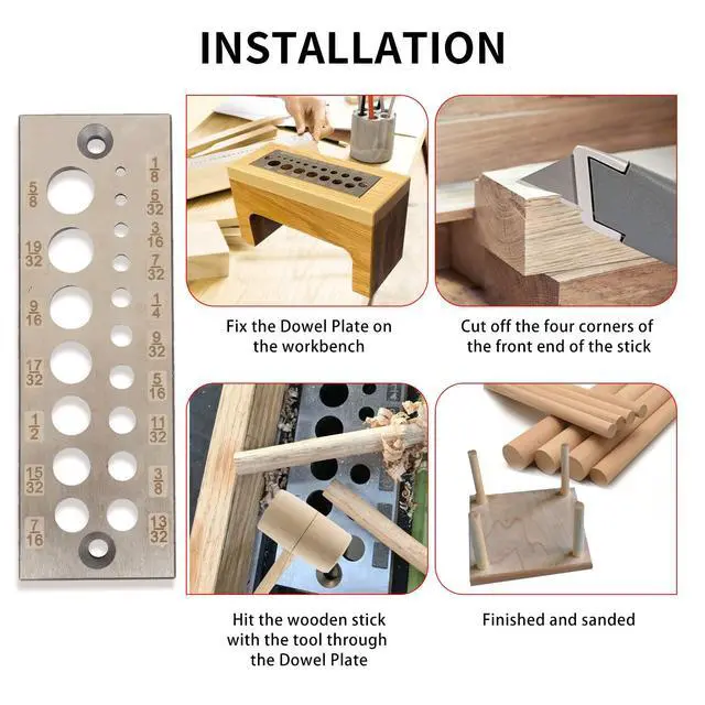 Alt view image 4 of 6 - A2 Steel Dowel Plate, Steel Dowel Plate 17 Holes Dowel Maker Steel Plate with Holes from 1/8 Inch to 5/8 Inch for Woodworking, High Speed Steel Dowel Plate 17 Holes English System