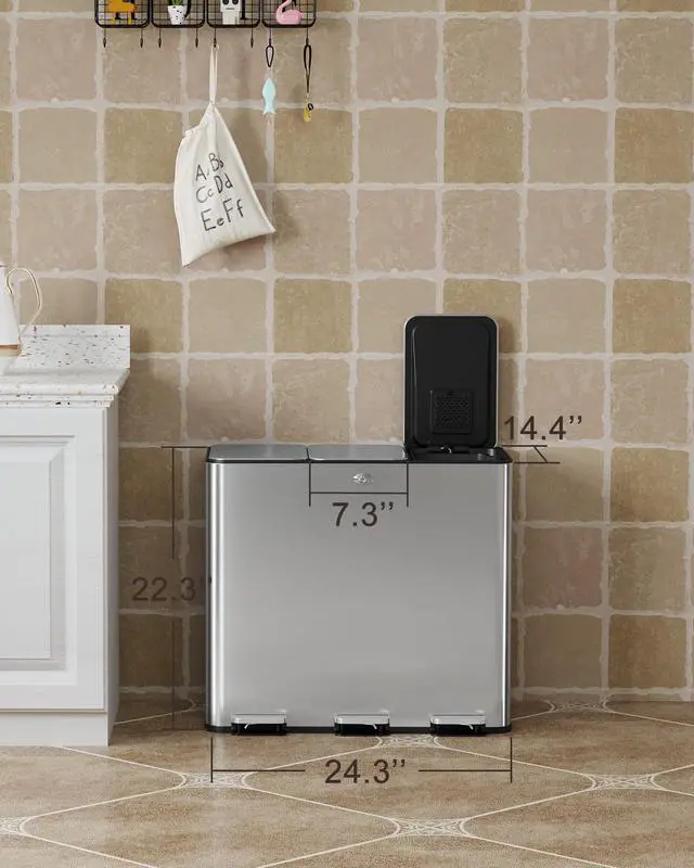 Alt view image 2 of 6 - 60L Three Compartment Trash Can with Soft-Close Lid, Rectangle Step Trash Can, Fingerprint-Resistant Stainless Steel Garbage Bin for Kitchen, Home Office, Restaurant, 3x5.3Gal