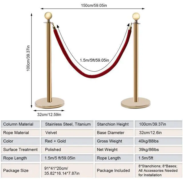 Alt view image 3 of 6 - Stainless Steel Stanchion Post Queue w/5 ft Red Velvet Rope, Stanchion Post with Ball Top, Crowd Control Barriers Gold Stanchions, Red Carpet Poles, Crowd Control Ropes & Poles