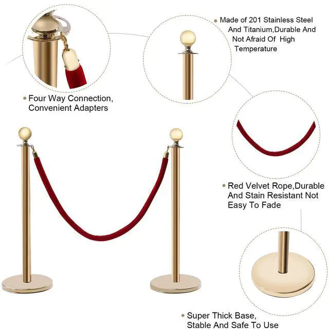 Alt view image 4 of 6 - Stainless Steel Stanchion Post Queue w/5 ft Red Velvet Rope, Stanchion Post with Ball Top, Crowd Control Barriers Gold Stanchions, Red Carpet Poles, Crowd Control Ropes & Poles