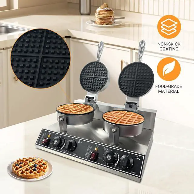 Alt view image 2 of 6 - Double Head Commercial Waffle Maker, 2400W Stainless Steel Nonstick Waffle Iron with 122 to 572 Temp Range & Time Control, Perfect for Home Cafe Restaurant Snack Bar Bakeries
