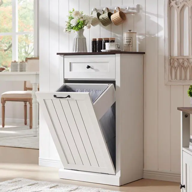 Main image of Tilt Out Trash Can Cabinet, Hidden Wooden Trash Can Cabinet, Farmhouse Laundry Hamper Cabinet, Trash Garbage Can Bin Cabinet with Storage Basket for Kitchen, Living Room (White), Single Door