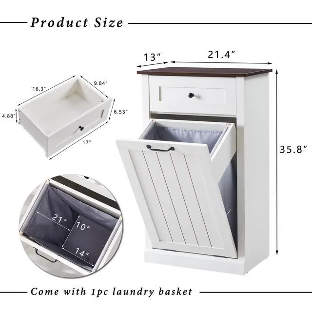 Alt view image 2 of 6 - Tilt Out Trash Can Cabinet, Hidden Wooden Trash Can Cabinet, Farmhouse Laundry Hamper Cabinet, Trash Garbage Can Bin Cabinet with Storage Basket for Kitchen, Living Room (White), Single Door