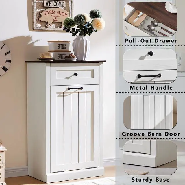 Alt view image 3 of 6 - Tilt Out Trash Can Cabinet, Hidden Wooden Trash Can Cabinet, Farmhouse Laundry Hamper Cabinet, Trash Garbage Can Bin Cabinet with Storage Basket for Kitchen, Living Room (White), Single Door