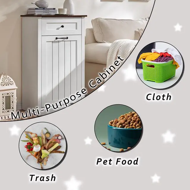 Alt view image 4 of 6 - Tilt Out Trash Can Cabinet, Hidden Wooden Trash Can Cabinet, Farmhouse Laundry Hamper Cabinet, Trash Garbage Can Bin Cabinet with Storage Basket for Kitchen, Living Room (White), Single Door