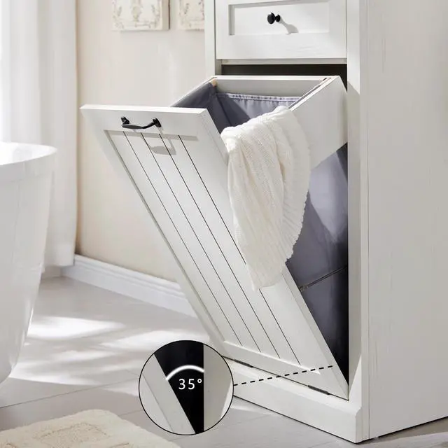 Alt view image 5 of 6 - Tilt Out Trash Can Cabinet, Hidden Wooden Trash Can Cabinet, Farmhouse Laundry Hamper Cabinet, Trash Garbage Can Bin Cabinet with Storage Basket for Kitchen, Living Room (White), Single Door