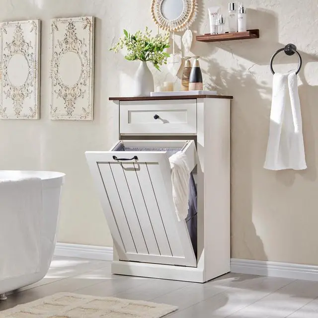 Alt view image 6 of 6 - Tilt Out Trash Can Cabinet, Hidden Wooden Trash Can Cabinet, Farmhouse Laundry Hamper Cabinet, Trash Garbage Can Bin Cabinet with Storage Basket for Kitchen, Living Room (White), Single Door