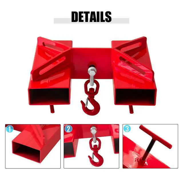 Alt view image 3 of 6 - Forklift Lifting Hook, 660lbs Capacity Hoist, Red Mobile Crane with Swivel Hook and Two Large T-Screws, Fork Attachment (3T)